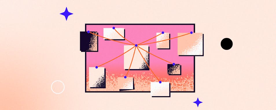 Illustration of a detective board. Orange thread connects multiple items to a central idea.